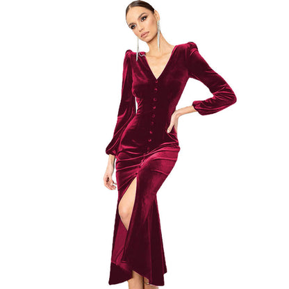 Damen Elegantes Maxikleid mit tiefem V-Ausschnitt und Knopfdetail Stalluxe