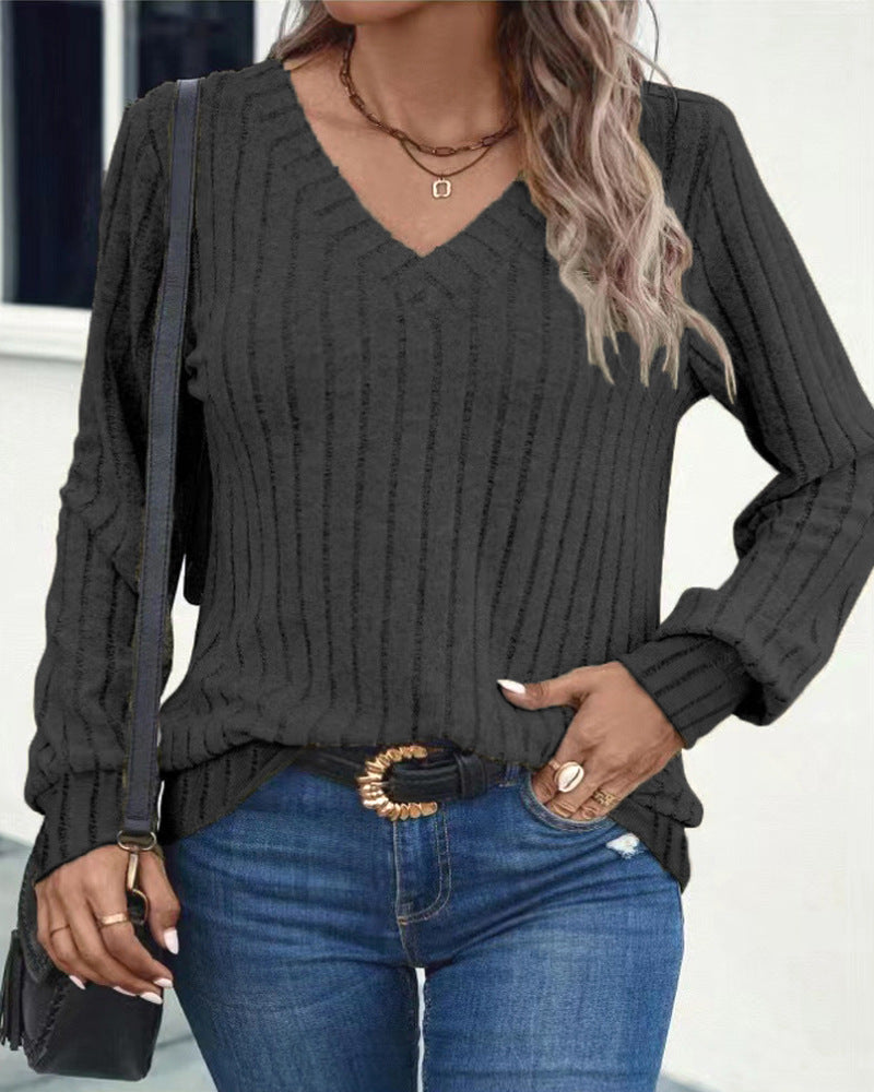 Damen V-Ausschnitt Rippstrickpullover mit langem Arm Stalluxe