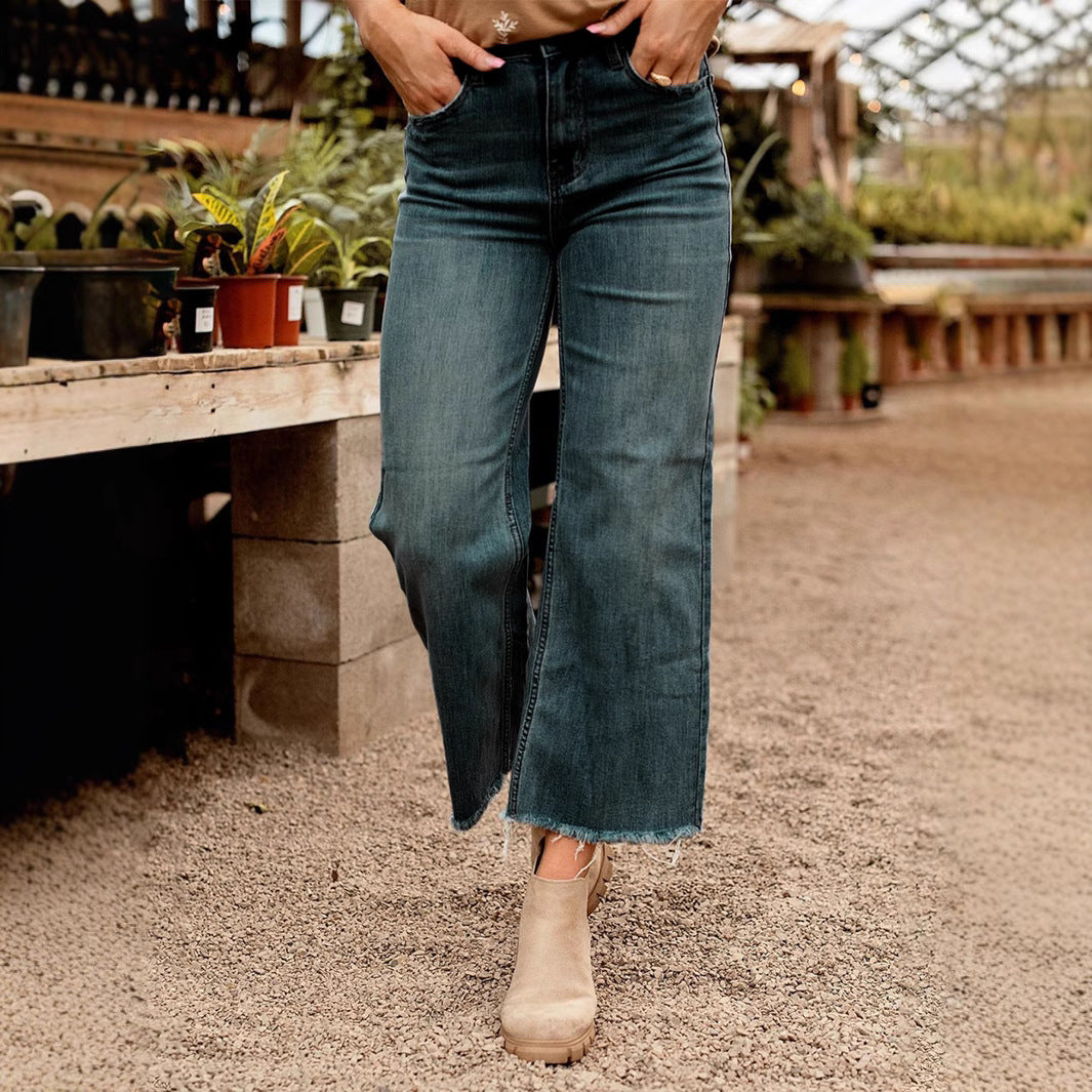 Damen Weit geschnittene Jeans mit fransigem Saum und hohem Bund Stalluxe