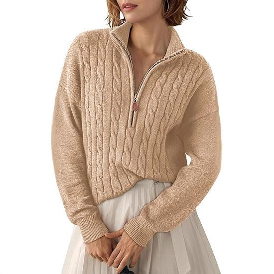 Damen Grobstrick Pullover mit Stehkragen und halbem Reißverschluss Stalluxe