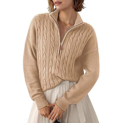 Damen Grobstrick Pullover mit Stehkragen und halbem Reißverschluss Stalluxe