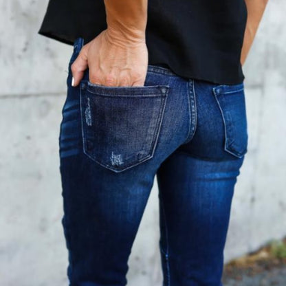 Damen schmal geschnittene Jeans mit modischem Rippdesign und ausgefranstem Saum Stalluxe