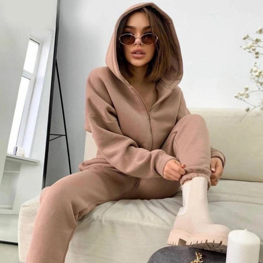 Damen bequemer Fleece-Jumpsuit mit Kapuze und seitlichem Reißverschluss Stalluxe