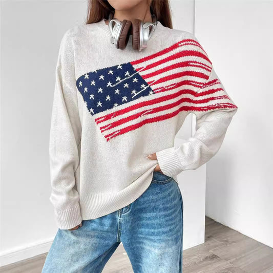 Damen Strickpullover mit Flaggenmuster und lässigem Schnitt Stalluxe