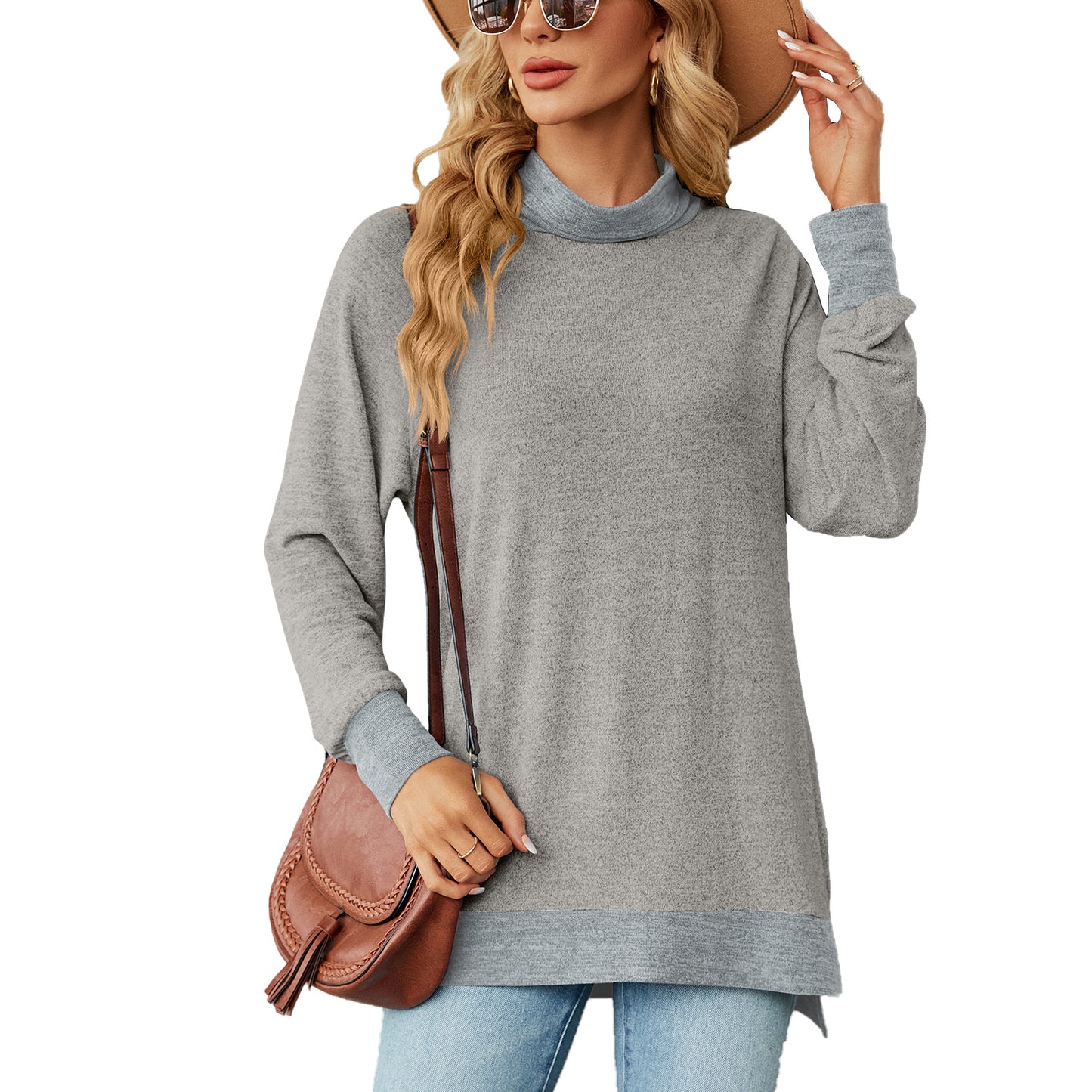 Damen Oversized Pullover mit hohem Kragen und Kontrastärmel Stalluxe