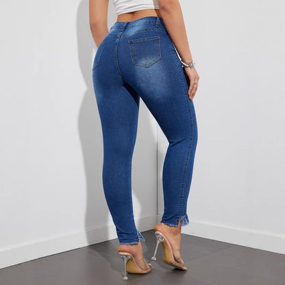 Damen Skinny-Jeans mit fransigem Saum und hoher Taille Stalluxe