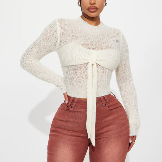 Damen Elegantes Strickoberteil mit feiner Maschenstruktur und transparenten Einsätzen Stalluxe