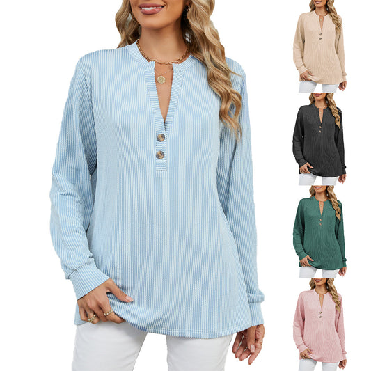 Damen Langarmshirt mit modischem Henley-Ausschnitt und strukturierter Ripptextur Stalluxe