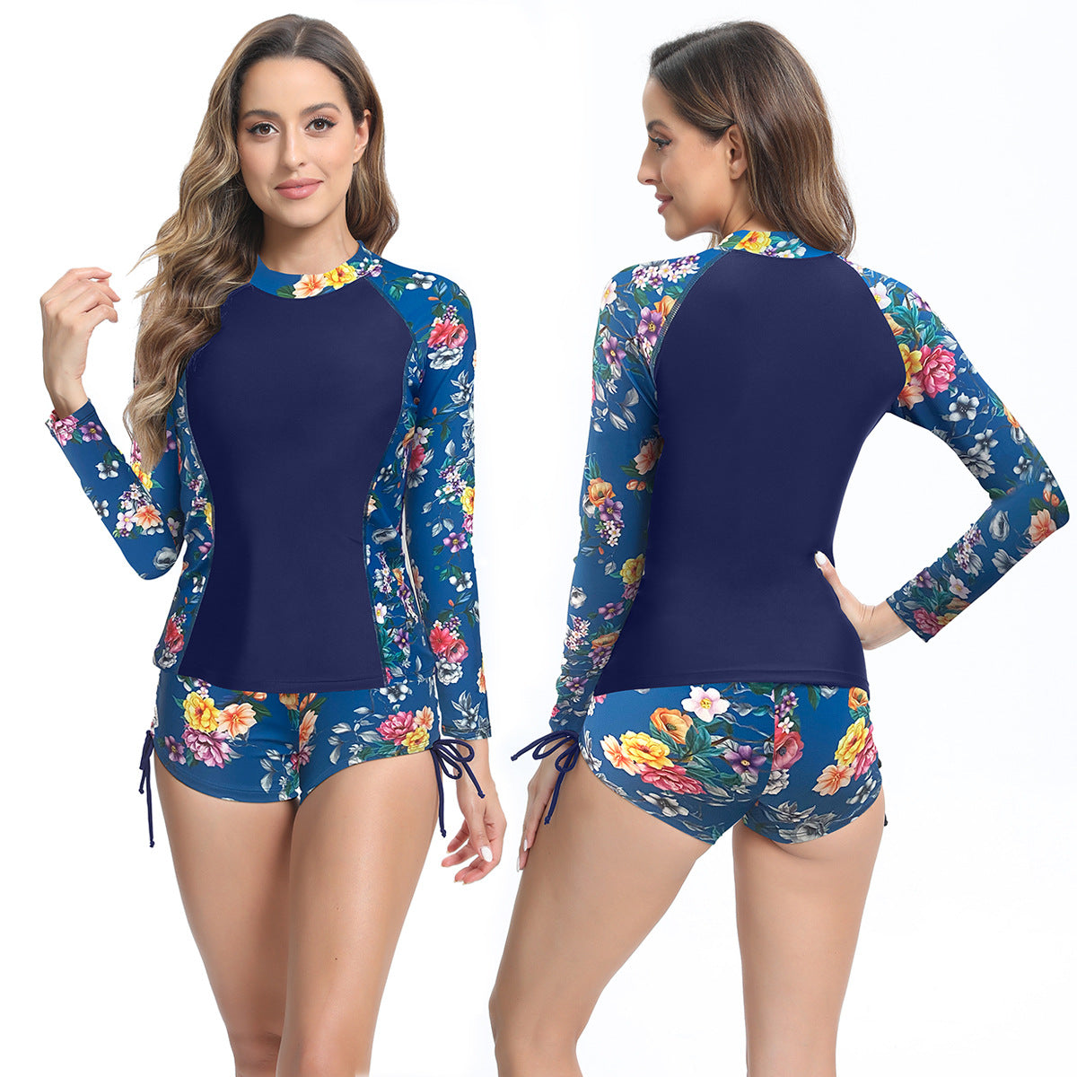 Damen UV-Schutz Surf-Outfit mit floralem Design und kurzen Hosen Stalluxe
