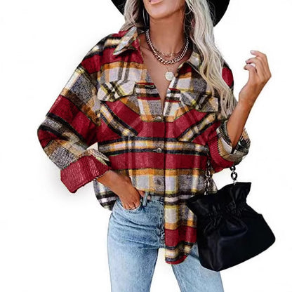 Damen Karierter Overshirt mit Knöpfen und Brusttaschen Stalluxe