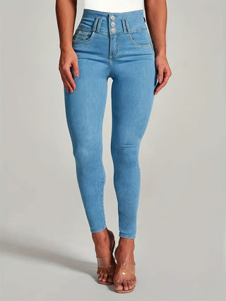 Damen High-Waist Skinny Jeans mit Knopfdetails und figurbetontem Schnitt Stalluxe Blau