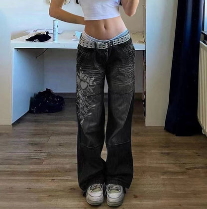 Damen weite Jeanshose mit einzigartigen Stickereien Stalluxe