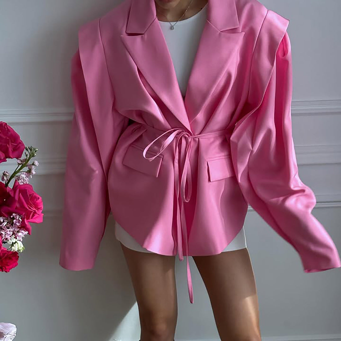 Damen Oversized Blazer mit Gürtel und Schulterpolstern Stalluxe Rosa