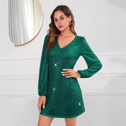 Damen Glitzerndes Minikleid mit V-Ausschnitt und langen Ärmeln Stalluxe