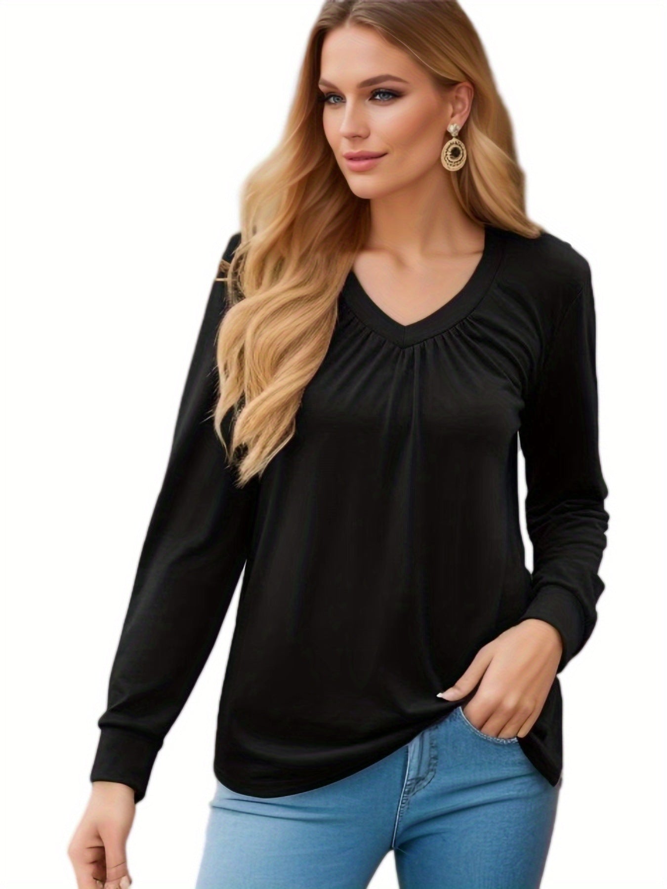 Damen V-Ausschnitt Langarmshirt mit geschmackvollem Faltenwurf und lässiger Passform Stalluxe