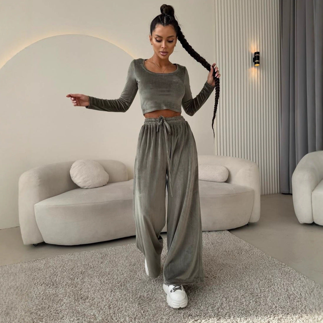 Damen hochwertiges, elegantes Crop-Top und bequeme Hose Stalluxe