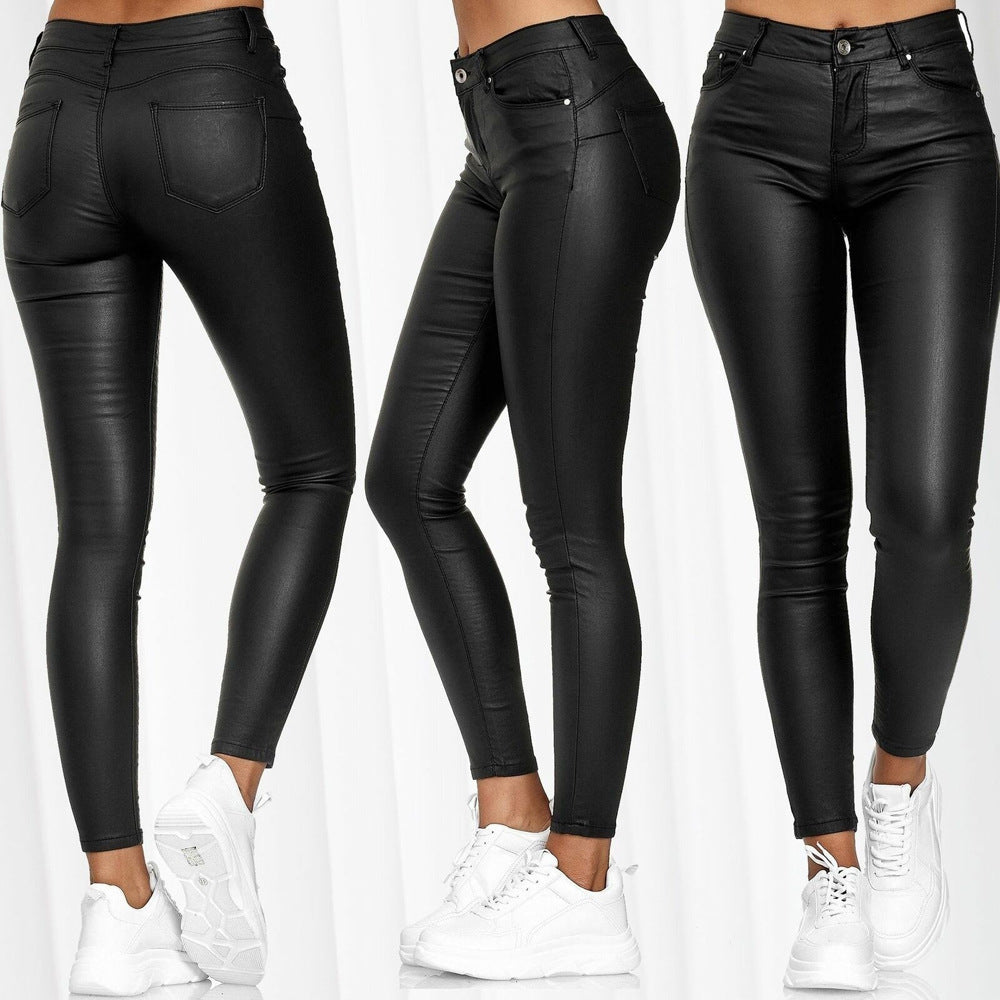 Damen Hochgezogene Skinny Jeans im Lederlook mit Taschen Stalluxe
