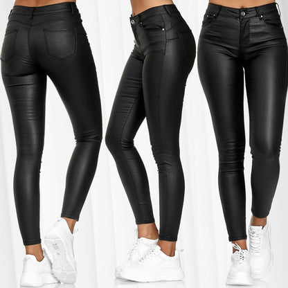 Damen Hochgezogene Skinny Jeans im Lederlook mit Taschen Stalluxe