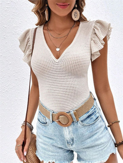 Damen Body mit Rüschensaum und V-Ausschnitt Stalluxe