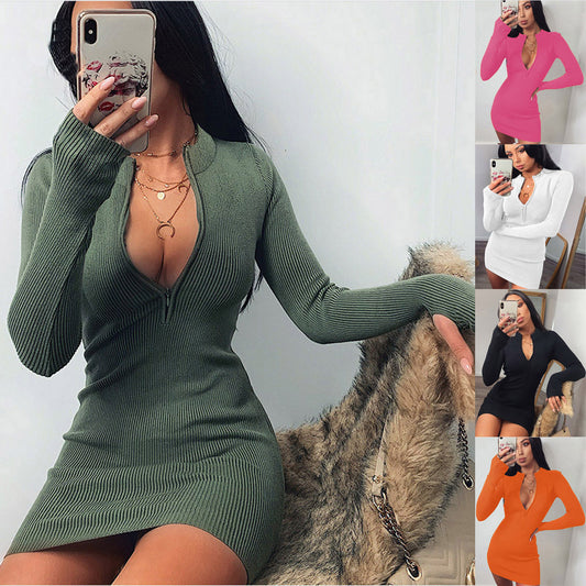 Damen Knit Kleid mit tiefem V-Ausschnitt und langen Ärmeln Stalluxe