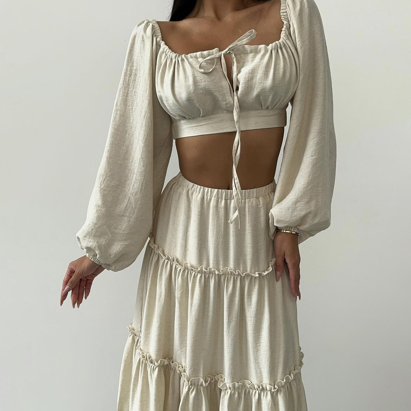 Damen Sommerliches Crop-Top und Rock-Set mit Rüschendetails Stalluxe Creme