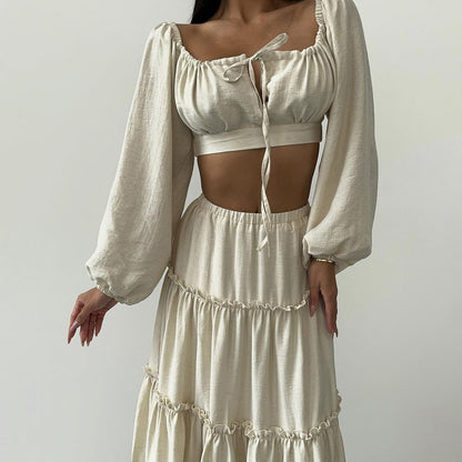 Damen Sommerliches Crop-Top und Rock-Set mit Rüschendetails Stalluxe Creme