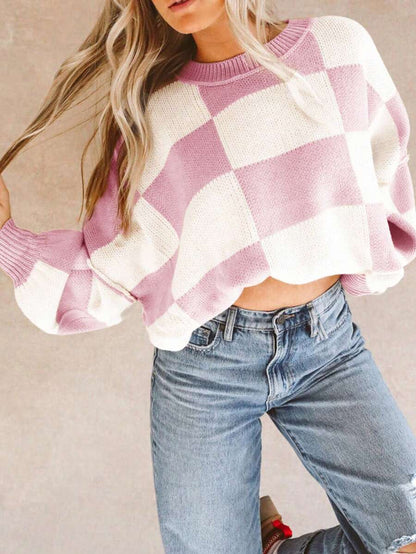 Damen lässiger pullover mit Karo-Muster und weiten Ärmeln Stalluxe