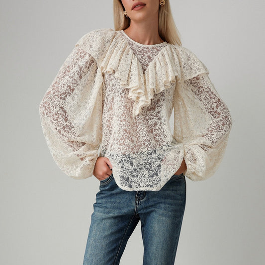 Damen Bluse mit voluminösen Rüschen und Spitzenmuster Stalluxe