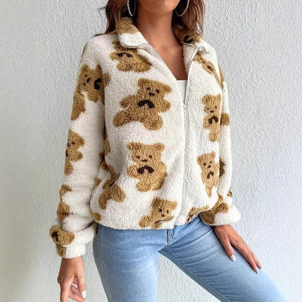 Damen Fleecejacke mit Bärenmuster und Stehkragen Stalluxe