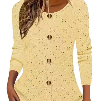 Damen Langarm Blusenshirt mit dekorativen Knopfdetails und filigranem Lochmuster Stalluxe