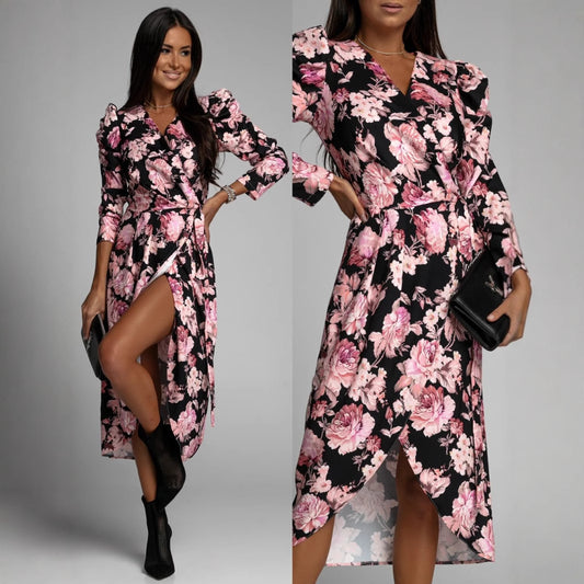 Damen Wickelkleid mit floralen Mustern und eleganten Puffärmeln Stalluxe
