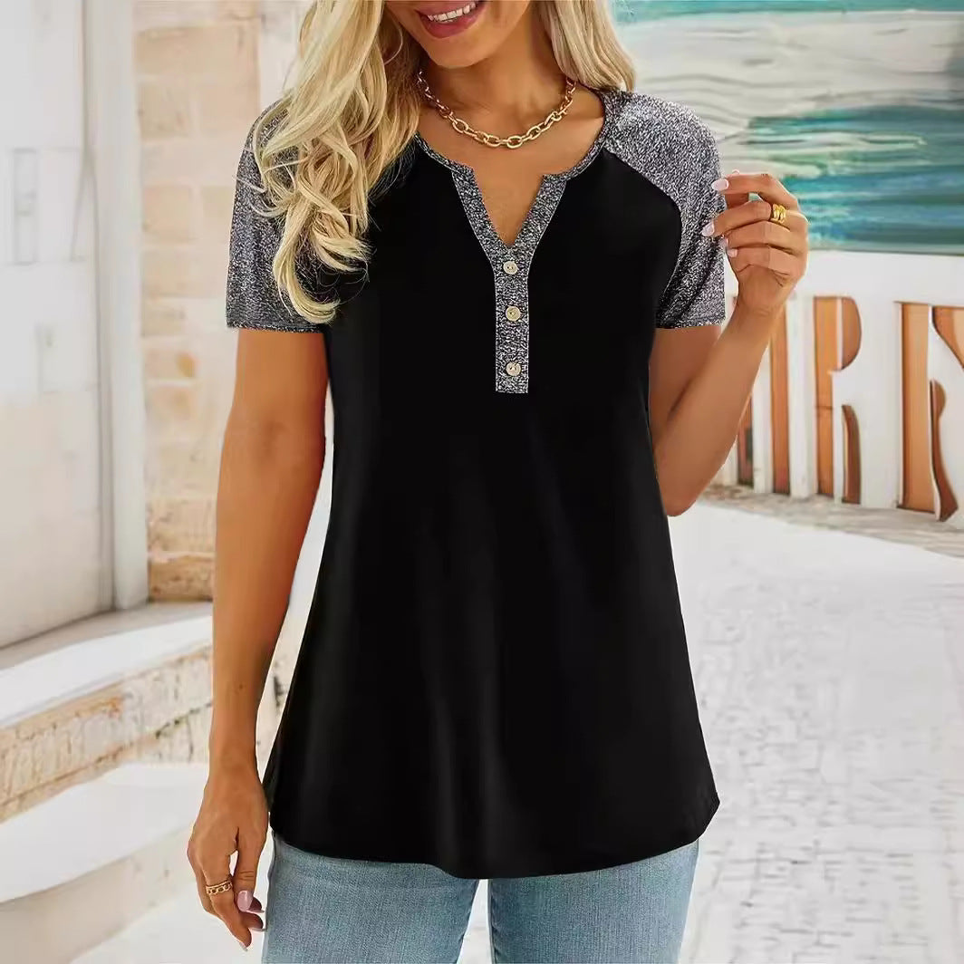 Damen Casual T-Shirt mit Knopfleiste und Kontrastärmel Stalluxe