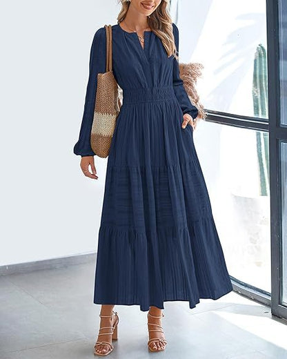 Damen Maxikleid mit eleganten Ärmeln und raffiniertem Taillengummi Stalluxe