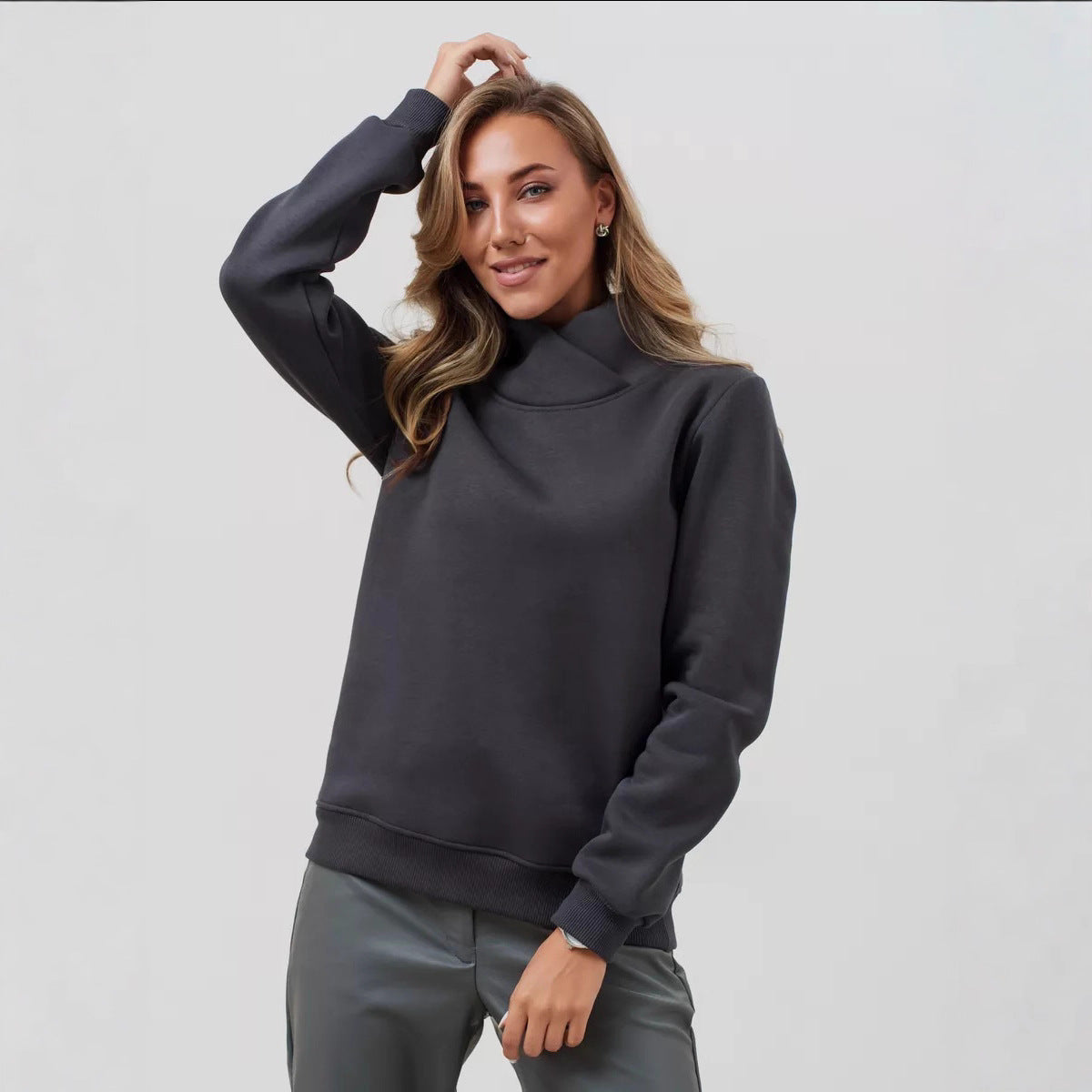 Damen lässiger Pullover mit modernem Stehkragen und hochwertiger Baumwolle Stalluxe Grau