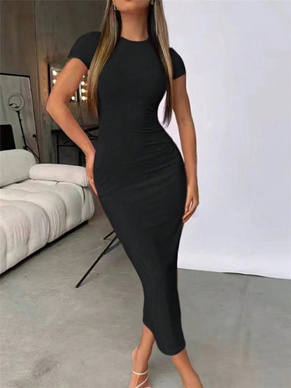 Damen körperbetontes Midi-Kleid mit kurzen Ärmeln und Rundhalsausschnitt Stalluxe