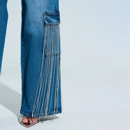 Damen Cargo-Jeans mit Glitzerfransen und tiefen Seitentaschen Stalluxe