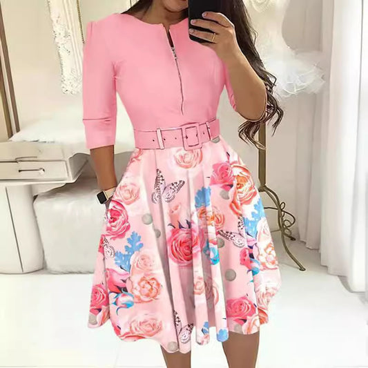 Damen A-Linien Kleid mit tailliertem Gürtel und floralem Muster Stalluxe