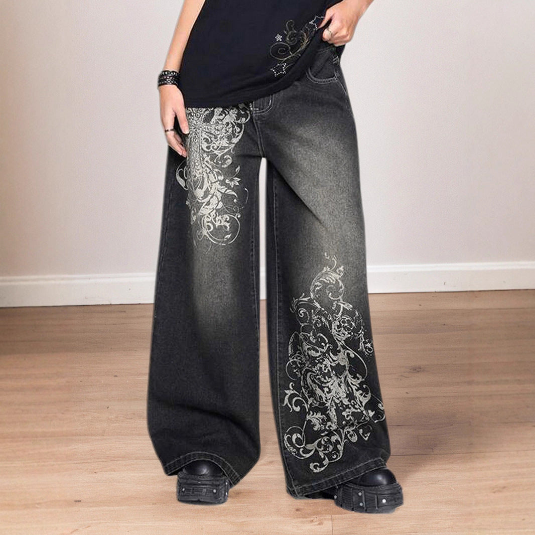 Damen weite Jeans mit kunstvollem Druck Stalluxe