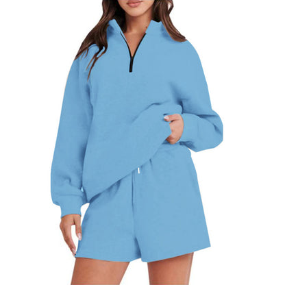 Damen bequemen Freizeit-Sweatanzug mit halbem Reißverschluss und Shorts Stalluxe