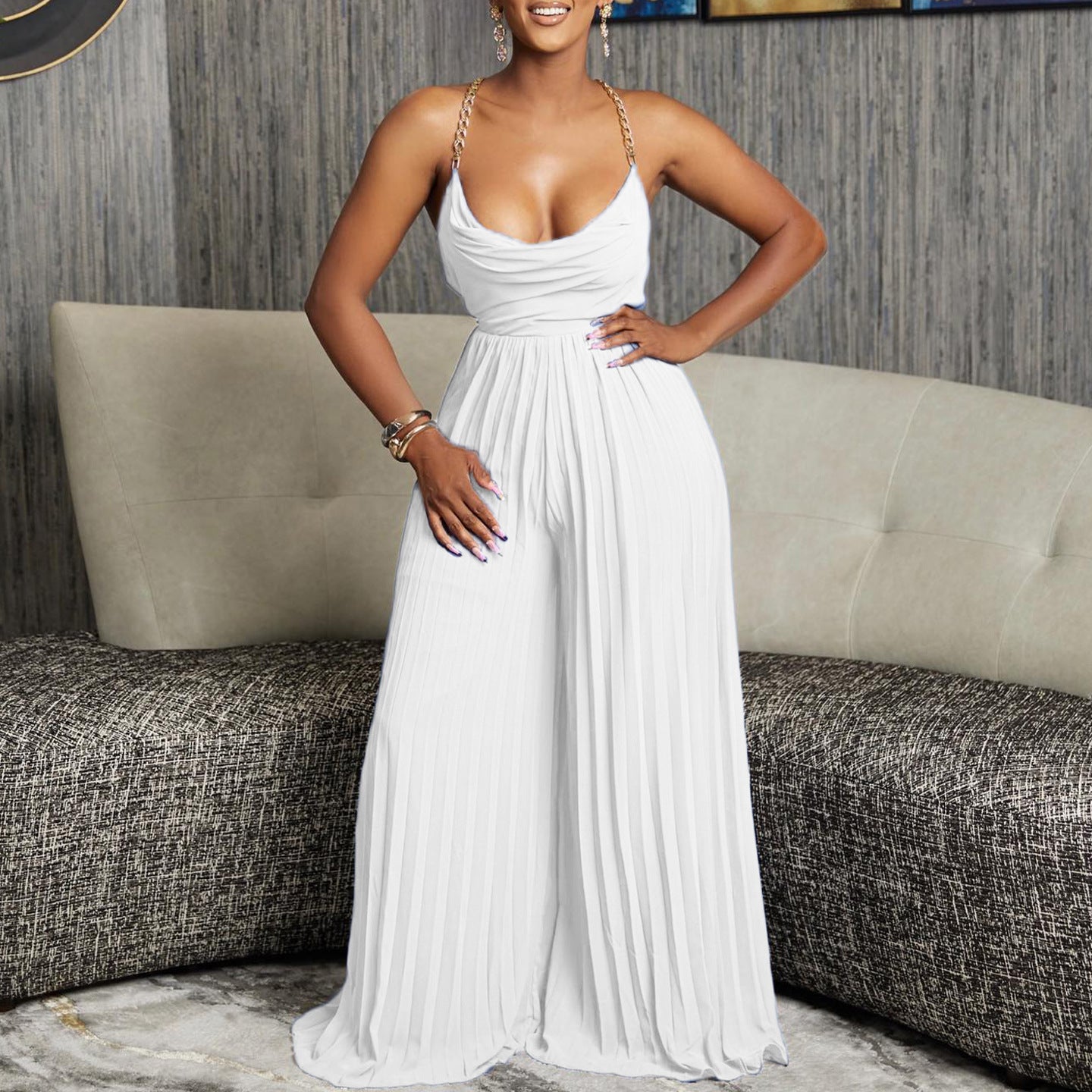 Damen Plissee Jumpsuit mit eleganten Spaghetti-Trägern Stalluxe