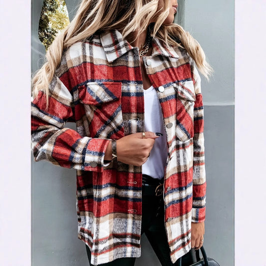 Damen Kariertes Overshirt mit Taschen und warmem Futter Stalluxe