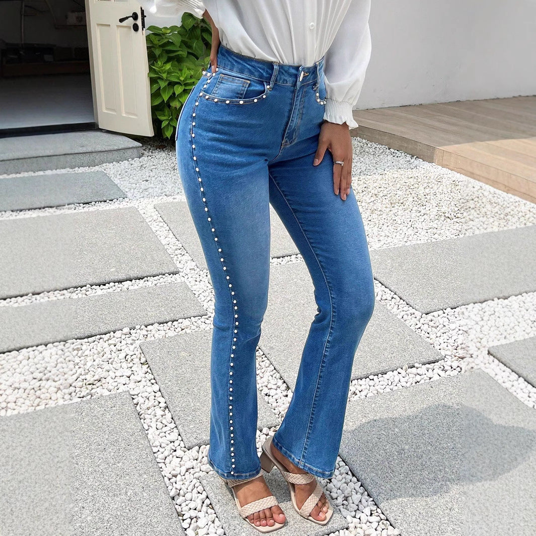 Damen Hochtaillierte Jeans mit Perlendetails Stalluxe