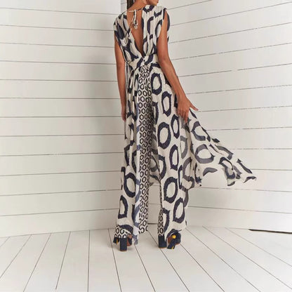 Damen Elegantes Maxikleid mit modischem Kreismuster und Taillengürtel Stalluxe