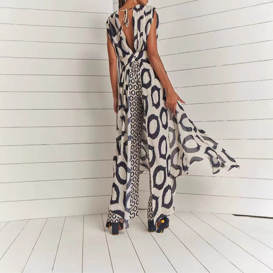 Damen Elegantes Maxikleid mit modischem Kreismuster und Taillengürtel Stalluxe