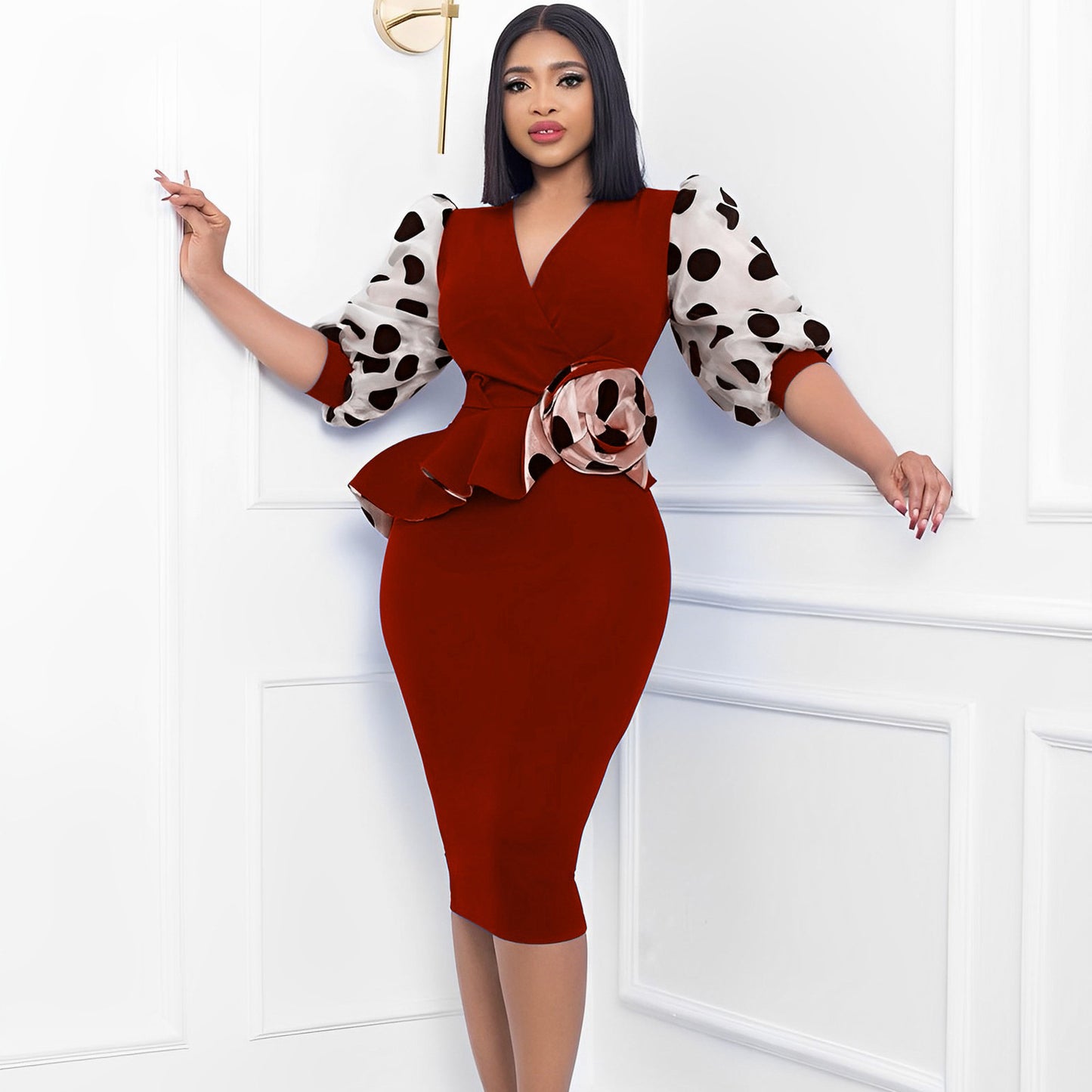 Damen Wickelkleid mit transparenten Puffärmeln und tailliertem Rüschendesign Stalluxe