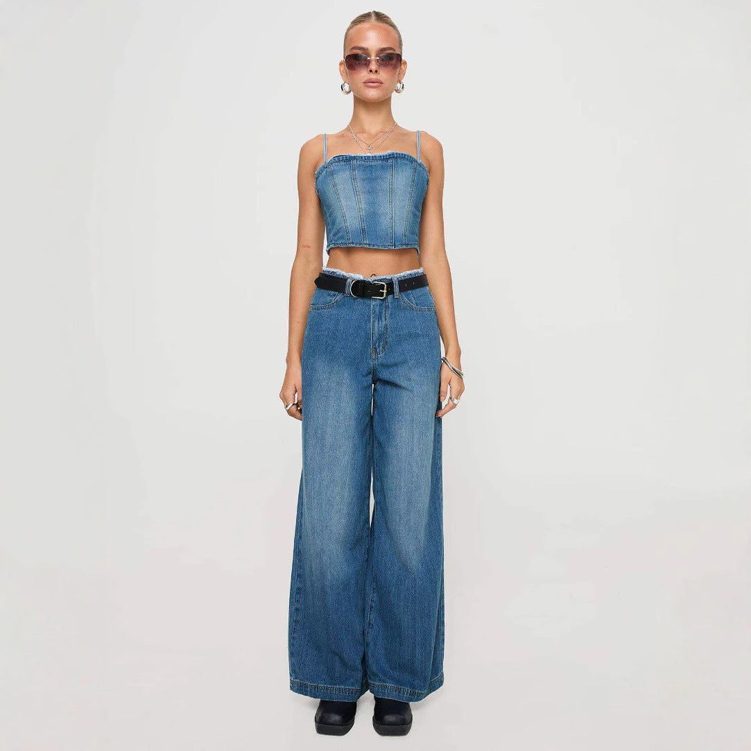 Damen Weit geschnittene Denim-Jeans mit fransigen Säumen Stalluxe
