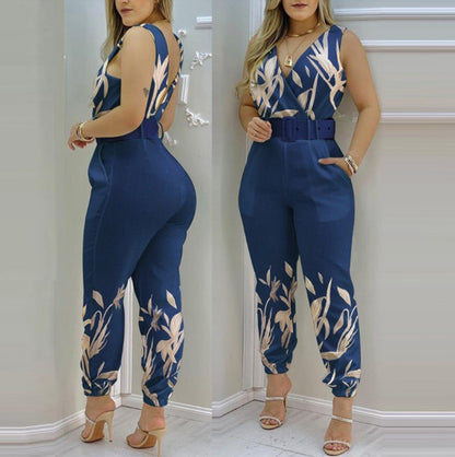 Damen Eleganter Jumpsuit mit Gürtel und tiefem V-Ausschnitt Stalluxe