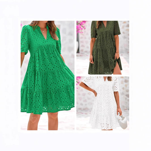 Damen luftiges Kleid mit trendigem Lochmuster und voluminöser Silhouette Stalluxe
