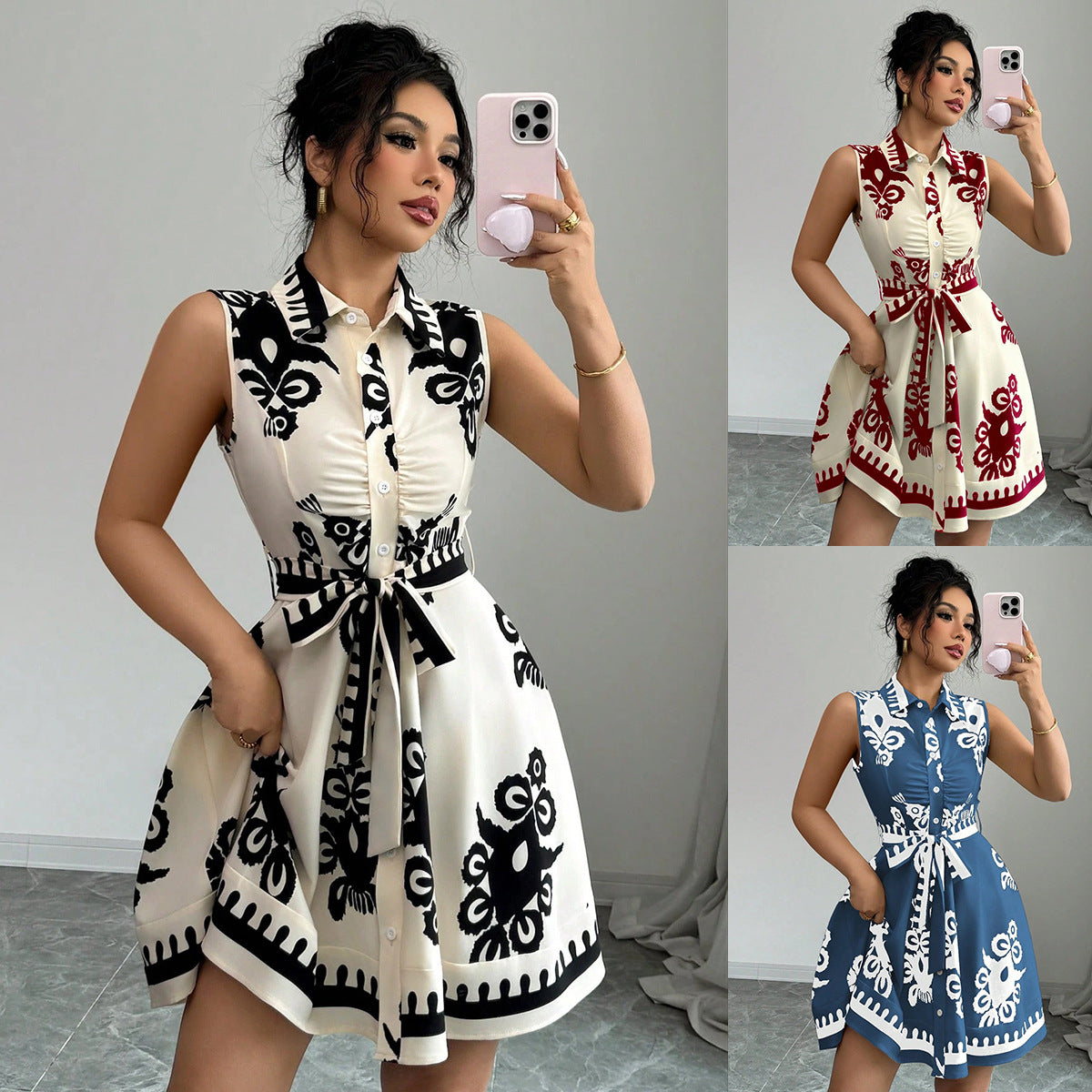 Damen Blusenkleid mit elegantem Taillengürtel und verspieltem Muster Stalluxe