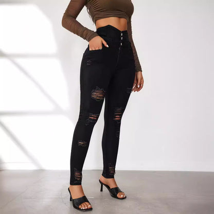 Damen High-Waist Jeans mit modischen Riss- und Knopfdetails Stalluxe